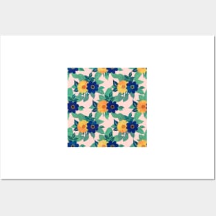 Pretty Blue Yellow floral and foliage pink Design Posters and Art